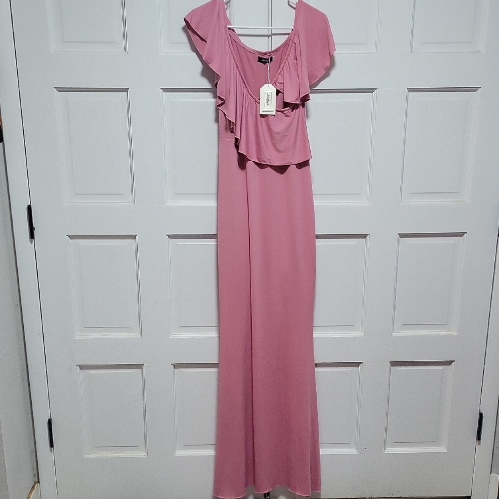 Pink Ruffled Maxi Gown with Flutter Cap Sleeves